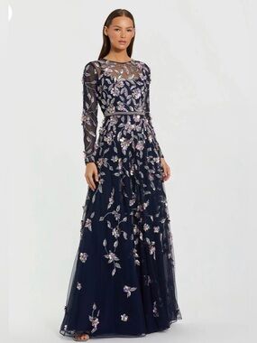 mac duggal evening - 11121d embroidered long sleeve a-line dress | Dresses | Pink Embellished Illusion A Line Gownregular Price998 Usd Satin Dresses | Mini, mob Size:M USA